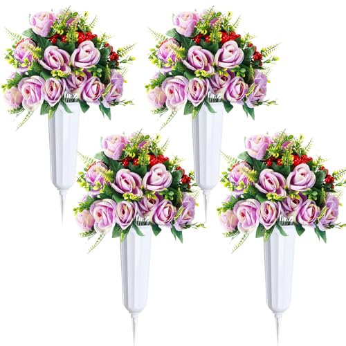 Tigeen Künstliche Friedhofsblumen mit Vase für Grabschmuck, Seide, Vatertag, Gedenktag, Rosenstrauß, Friedhofsdekoration für den Außenbereich, Beerdigung, Grabstein-Arrangement, Weiß, Lila, 4 Sets