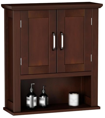 ChooChoo Armadietto da parete in legno con ante, armadietto per medicinali con ripiani regolabili sopra il WC, armadio rustico da parete per bagno, cucina, soggiorno, ciliegio scuro