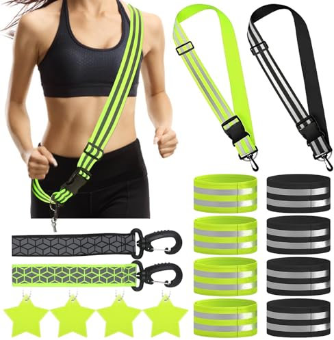 XINRANFF 16er Reflektoren Kleidung Set, 2 Reflektor Gürtel Einstellbar, 8 Elastische Reflektorband, 4 Reflektor Anhänger, 6 Reflektor Anhänge laufgürtel für Kinder & Erwachsene Fahrradfahren Joggen