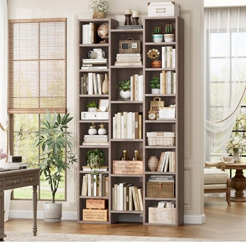 FOTOSOK Triple Wide 8 Tier Media Storage Tower Rack, 71 Large CD DVD Storage Tower Rack with Adjustable Shelves, Tall Bookshelf Narrow Bookshelf for Home Office, Oak