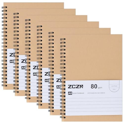 ZCZN Notizbuch A5 liniert, 6 Stück Spirale Notizblock, 60 Blatt, Heft für Büro und Schule