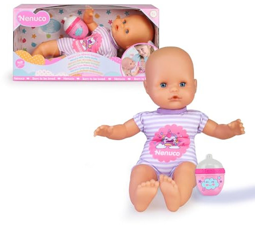 Nenuco - Biberón Sonajero, muñeco Bebe blandito Que Viene con un sonajero y Vestido con un Pijamita de rayitas con un Estampado de un Unicornio, Famosa (NFN87000)