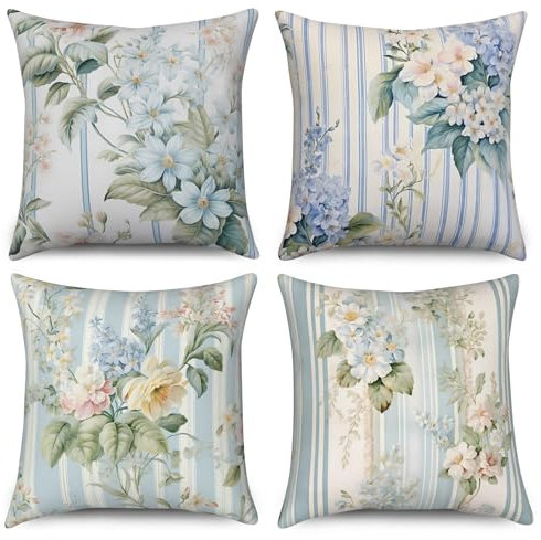 ASDCXZ Blumen Kissenbezug 40x40 cm 4er Set, Retro Streifen Blau Gelb Rose Blumen Blätter Sofa Dekokissen Kissenbezüge Kissenhülle Waschbar Polyester Flachs Textil Outdoor Kopfkissenbezug Kissen Bezug