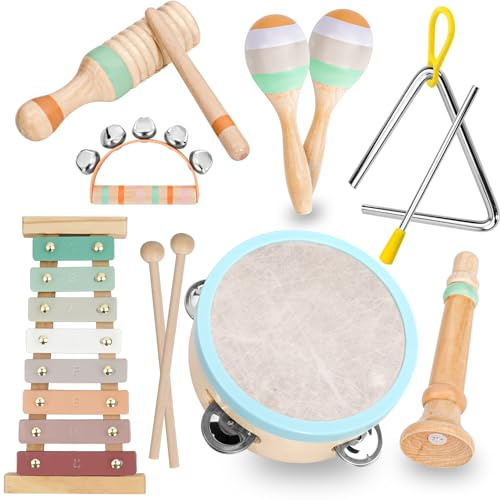 Raimy Kids Musical Instruments Set - Neutral Colors Wooden Montessori Toys Percussion Music Modern Boho Xylophone Birthday Gifts for 1 2 3 Year Old Baby Toddlers Boys Girls 3+ with Storage Bag