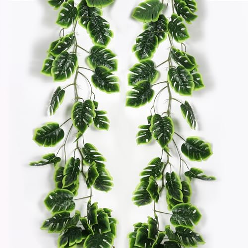 RECUTMS Künstliche Monstera-Blätter, Reben, tropische Palme, Grün, Dschungel, hängende Rattan-Pflanze, UV-beständig, Efeu-Girlande für drinnen und draußen, hawaiianische Luau-Strandparty, Garten,