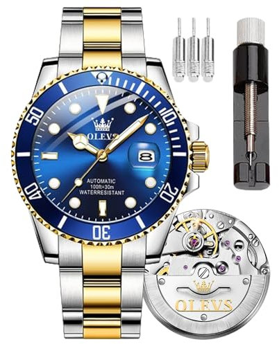 OLEVS Herrenuhr Großes Zifferblatt Datum Wasserdicht Mechanische Uhr Edelstahl Night Glow Luxus Vollautomatische Mechanische Uhr, 6650 - Golden Blue, Modern