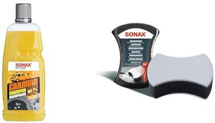 SONAX CARAVAN Shampoo (1 Liter) Reinigungskonzentrat mit Wachsanteilen & MultiSchwamm (1 Stück) besonders saugstarker Alleskönner für die Autoreinigung, Ar-Nr. 04280000 [Energieklasse B]
