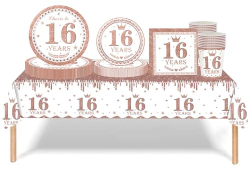 69pcs Rose Gold 16th Birthday Decorations for Girls,16th Birthday Tableware Tablecloth Paper Plates Napkins Serviettes and Cups Sets for 16 th Birthdays Table Decoration for Her 16 th Birthdays Gifts