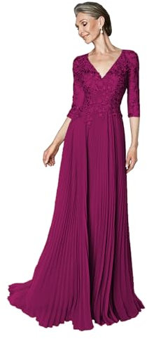 CLcaojun Vestido de gasa con apliques de encaje, cuello en V, manga 3/4, vestido de fiesta de boda, fucsia, 50