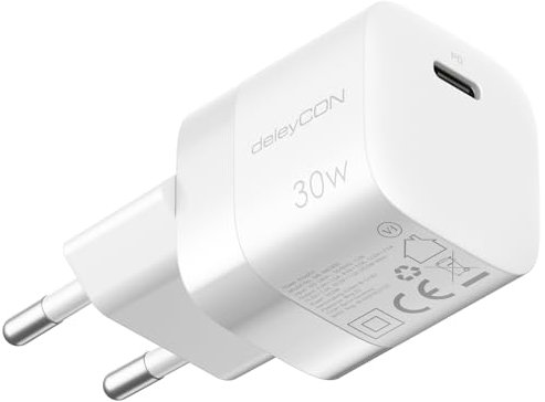 deleyCON Caricabatterie USB C (Caricatore Rapido Compatto 30W) Alimentatore USB-C per Apple iPhone 16, 15, Pro, Pro Max, iPad, AirPods 4, Airpods Max, Watch, Samsung Galaxy S25/S24, Cellulare - Bianco
