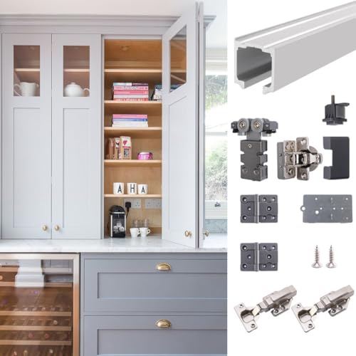 Cabinet Folding Door Hardware Set,39.4” Track (1 Set for 1 Bifold Door) | No-Bottom-Rail Bifold Door Hardware, Top Track Cabinet Sliding Kit ,Includes drilling template & hinges