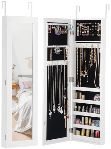 RELAX4LIFE Schmuckschrank Hängend, 2-in-1 Spiegelschrank mit Magnetverschluss & 5 Ablagefächer, Wand-/Türmontierter Schmuckorganizer für Ohrring, Armband, Kette, Ring & Kosmetik, 106 x 30 x 8,5 cm
