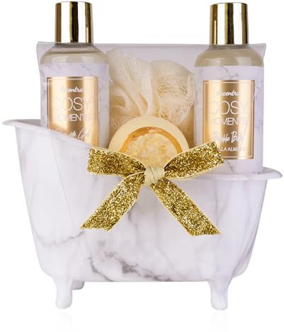 Accentra - COSY MOMENTS Bade- & Duschset in gold - Geschenk Set zur Entspannung für Frauen zum Geburtstag oder Weihnachten - 4-Teiliges Wellness Geschenk- & Pflegeset mit Mini Deko-Badewanne