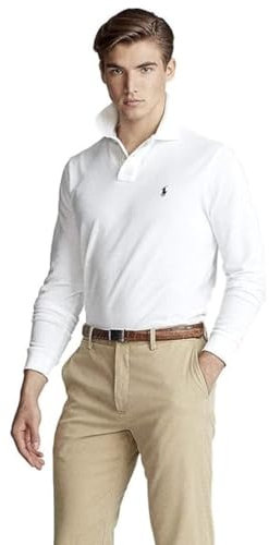 Polo à manches longues en piqué Custom Slim Fit, blanc, M