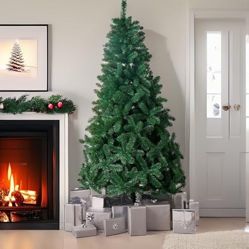 7ft Scandinavian Fir Christmas Tree with Realistic Thick Green Hinged Branches, Easy Assembly, Sturdy Folding Metal Stand, Unlit Artificial Indoor Holiday Decoration
