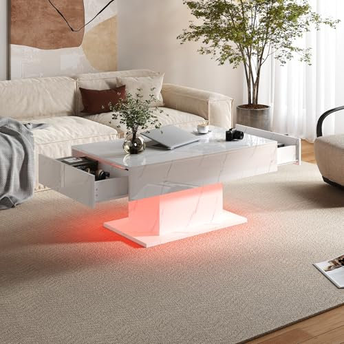 KEEPREAPER White Marble Led Coffee Table with 2 Storage Drawers for Living Room, Living Room Table Rectangular Center Modern High Glossy Wooden Coffee Tables with Lights for Dining Reception Room