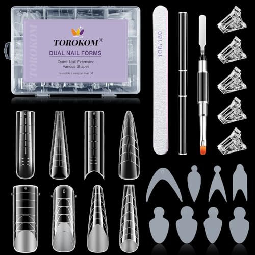 TOROKOM Kit de Formes Duales 192PCS pour French Manucure - 96 Moules en Silicone Réutilisables - Inclut 5 Clips, Pinceau, Limes et Buffer - Kit d'Extensions pour Débutants
