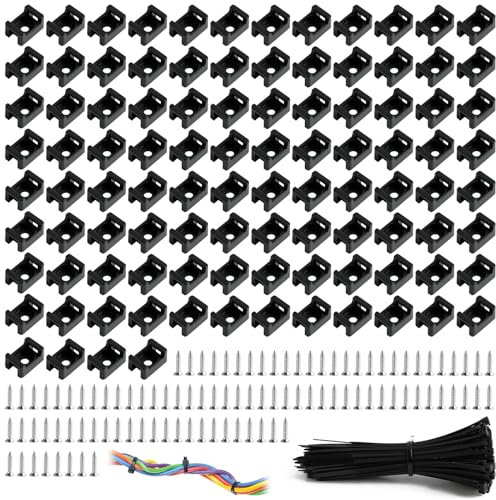 100 Piezas 200 mm Nylon Gestión de Cables de Incluye Bridas, Soportes y Tornillos, Cable Tie Straps with Screws, Negro, Reutilizables para Organización en Hogar, Oficina, Jardín y Talleres