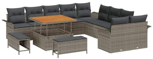 vidaXL 13-teiliges Garten-Sofa-Set mit Kissen in Grau aus Poly-Rattan und Akazie. Modernes Patio Möbel für die Terrasse, ideal zum Entspannen im Sommer im minimalistischen Stil.