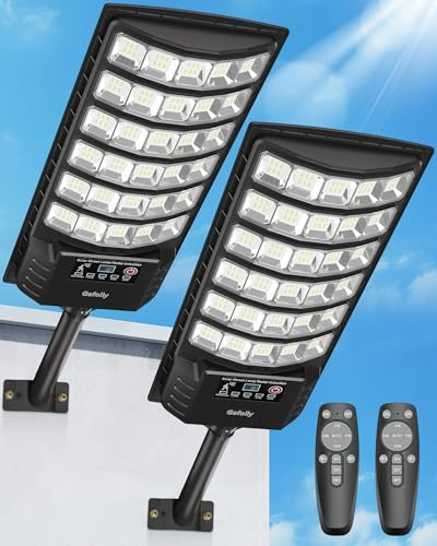 Gefolly Solar Straßenlaterne mit Fernbedienung, IP67 Wasserdichte Solarlampen für Außen mit Bewegungssensor, 6500K Solarleuchten Superhelles LED Solar Strahler Außen für Gärten Garage Straßen-2 Pack