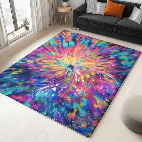 Teppich Wohnzimmer Flauschig Waschbar 140 x 200 cm Moderner Aquarell Kaleidoskop Schlafzimmer Teppich rutschfest, Kaleidoskop Wirbel Ölgemälde Farbstreifen für Wohnkultur Kinderzimmer Esszimmer Büro