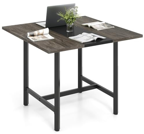 COSTWAY 100CM Square Computer Desk, Wooden Conference Room Table Writing Workstation with Thickened Tabletop and Heavy-duty Metal Frame, Home Office Study Desk PC Laptop Table