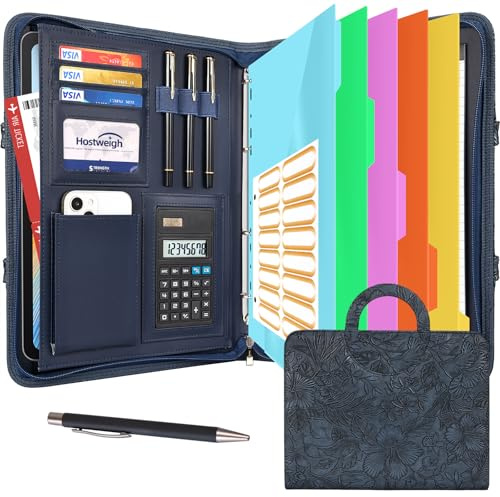 Leathario Schreibmappe A4 mit 5er Register DIN A4，Konferenzmappe mit 4 Ringbuch，Dokumentenmappe mit Reißverschluss，Griff，Klemmbrett,Ordner für Meeting, Business,Mappe für Schule, Uni