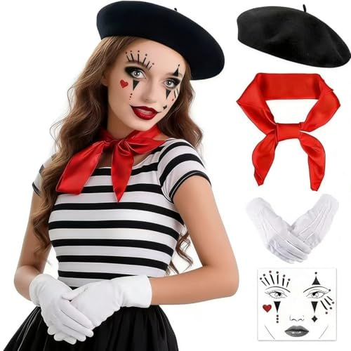 GLEEMEN Pantomime Kostüm Damen Herren, Clown Costume Schwarze Baskenmütze Rote Tücher Weiße Handschuhe Gesichtstattoo, Zirkus Kostüm für Halloween Fasching Cosplay Party
