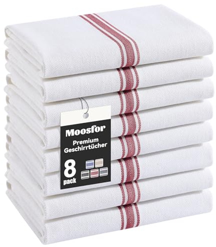Moosfor Premium Geschirrtücher 100% Baumwolle 8er Set 38 x 64 cm Rot | Saugstarke & Langlebige Küchentücher, Oeko-TEX Zertifizierte Weiche Dicke Geschirrhandtücher spültücher, Gastronomiequalität