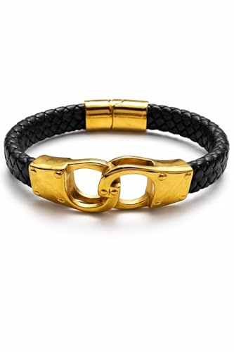 Générique Bracelet Homme Cuir Noir et Acier Doré – Fermoir Manille Style Menotte – Bracelet Élégant