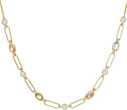 MIORE Halskette Damen, 18 Karat vergoldetes 925 Sterlingsilber, 9 bunte Zirkonia, Zargenfassung, Karabinerverschluss, Made in Italy, Ankerkette, 40-44 cm, Schmuck Damen, geliefert in Schmuckbox