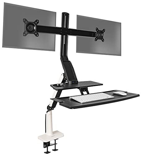 Duronic Sit Stand Desk Mount DM1K1X2 | Wall Mountable | Height Adjustable Riser | For 2 LCD/LED Monitors | Dual Screen | Gas Powered Monitor Arm with Keyboard Tray | Elevated Workstation Converter
