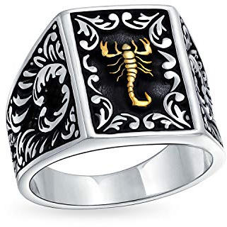 Bling Jewelry Personalisierte Männer Große Sternzeichen Horoskop Skorpion Signet Statement Ring Für Männer Schwarz Zwei Ton Messing Patina Massiv.925 Silber Handgefertigt In Der Türkei Anpassbar