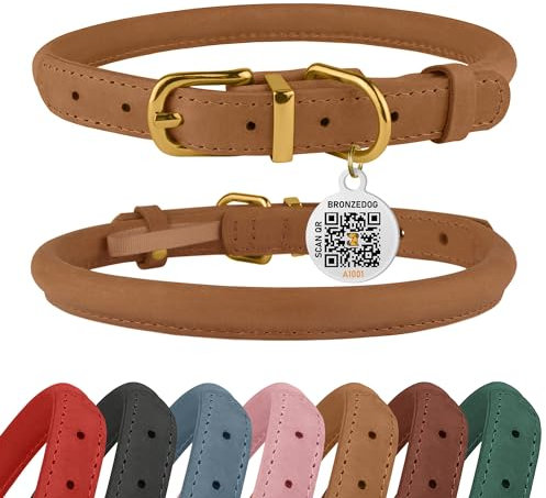 BRONZEDOG Hundehalsband aus gerolltem Leder mit QR-ID-Tag, verstellbar, weiche runde Halsbänder für kleine, mittelgroße und große Hunde, Welpen, Katzen (Hellbraun, 28-36 cm)