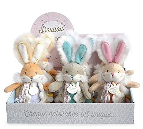 Doudou et Compagnie - Lapin de Sucre - Pantin Attache-Sucette avec Hochet - DC3484 - Blanc, Rose, ou Vert - modèle aléatoire
