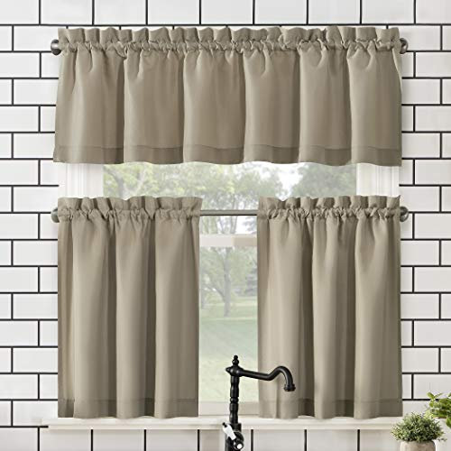 No. 918 Martine - Tenda da cucina semitrasparente in microfibra con tasca per bastone, mantovana e ripiani, 137 x 61 cm, colore: tortora