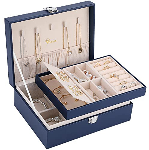 Voova Jewellery Box Organiser for Women Girls, 2 Layers Large Jewelry Storage Case, PU Leather jewlerrying Display Holder with Removable Tray for Necklace Earrings Rings Bracelets, Gifts, Dark Blue