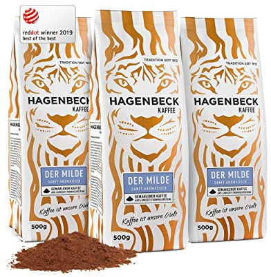 Hagenbeck Der Milde 3x500g (1,5kg) | Gemahlener Kaffee mit mild-feinem Charakter | 100% Arabica-Mischung aus besonders schonender Röstung | Leichte Intensität | Kaffeebohnen gemahlen mit wenig Säure
