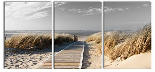 Pixxprint Weg zum Strand durch die Dünen B&W Detail, XXL Leinwandbild in Übergröße 210x100cm Gesamtmaß 3 teilig, Wandbild, Kunstdruck