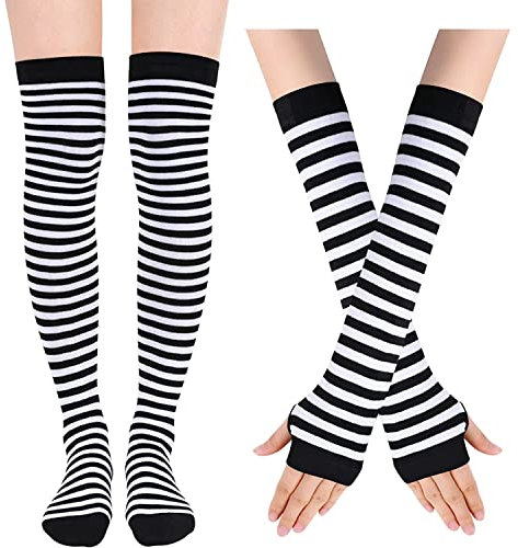 SOCKFUN Arm Warmers Leg Warmers for Women Girls, Warm Striped Knee High Socks Goth Wrist Warmers Set, Black White, Medium