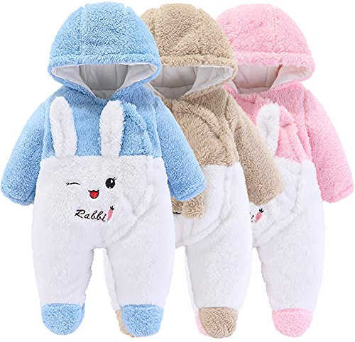 Winmany Nouveau-né bébé Dessin animé Barboteuse Combinaison de Neige Manteau d'hiver Polaire Combinaison à Capuche (Bleu, 3-6 Mois)