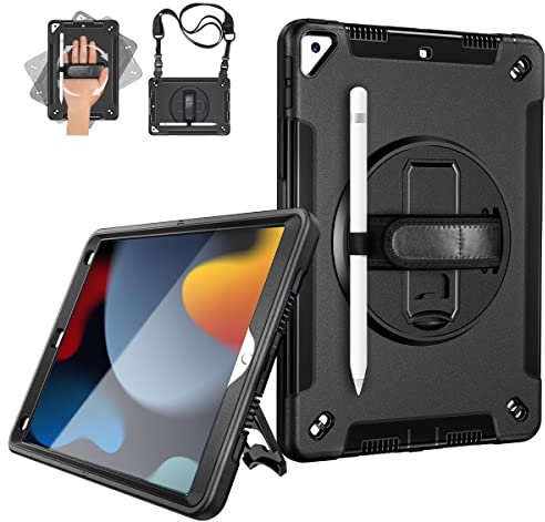 Gralifcare Hülle für iPad 9. Generation 2021:Heavy Duty Stoßfeste Schutzhülle mit Stifthalter - drehbarer Ständer - Handhaben - Schultergurt-für iPad 10.2 Zoll 2021- Schwarz