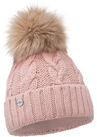 ELIMELI® Winter Mütze Damenmütze mit Fell-Bommel Fleece Innenfutter gefüttert - warme Damen Bommelmütze Strickmütze - Wintermütze mit Kunstfell Bommel - Slouch Strick Beanie Made in EU (rosa)