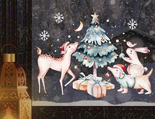 wolga-kreativ Fenster Fensterbilder Glasdekorfolie Motiv Fensterfolie Fenstertattoo Winter Weihnachten Advent Hase REH Weihnachtsbaum Aufkleber Fenster Küche wiederverwendbar