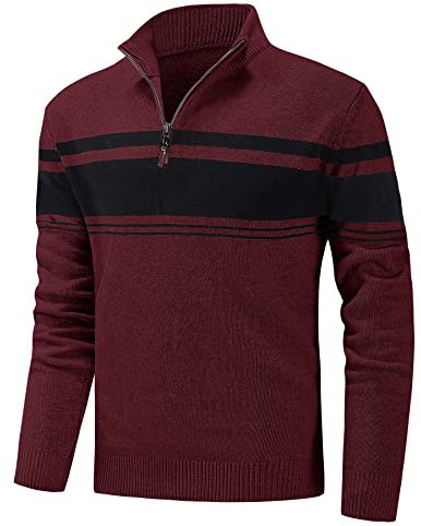 KEFITEVD Mens Winter Jumpers 1/4 Zip Soft Knitted Sweater Casual Smart Pullovers Thermal Golf Work Jumpers Wine Red Black 2XL