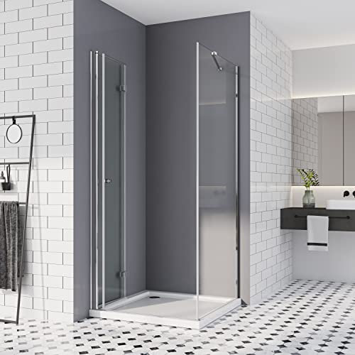 Duschkabine 75x90, Duschtür Schwingtür mit Seitenwand Falttür Eckeinstieg Duschabtrennung 180º Duschwand 6mm ESG Sicherheitsglas 185cm