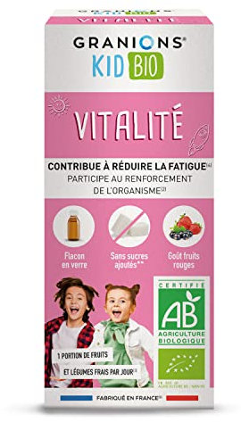 GRANIONS KID BIO KID BIO VITALITÉ - Certifié BIO - Goût fruits rouges - RÉDUIT LA FATIGUE - RENFORCE L'ORGANISME - Vitamine C + Mélange de plantes - Dès le plus jeune âge - 125 ml - Made in France