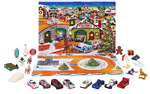 Hot Wheels Advent Calendar, 8 Hot Wheels Cars and 16 Winter-Themed Accessories behind 24 Numbered Doors Plus a Playmat, For Kids & Hot Wheels Fans, HKL74