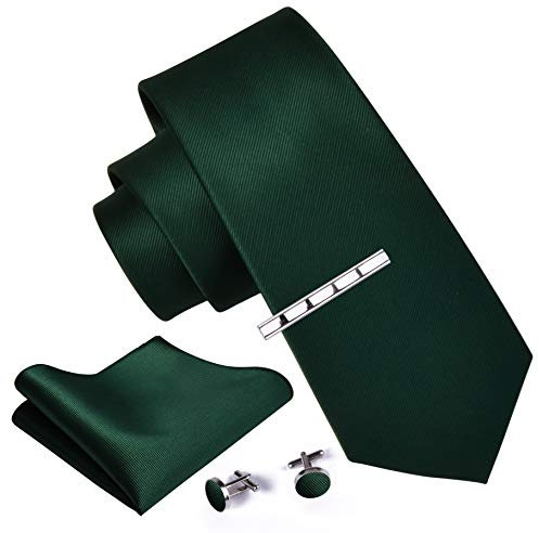 Gusleson Solid Dark Green Ties For Men Wedding Tie Clip Neckties and Pocket Square Cufflinks Sets (UK6101-02)