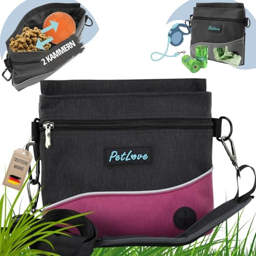 PetLove Leckerlibeutel für Hunde • Futterbeutel mit Magnetverschluss • Inklusive Kotbeutelspender & verwendbar als Bauchtasche • Pink
